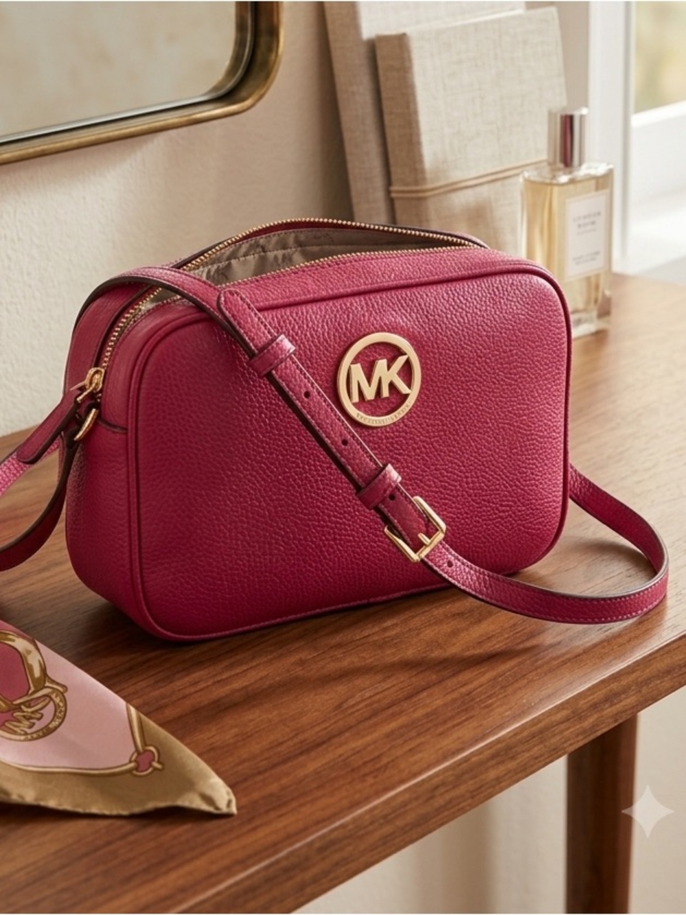 MICHAEL KORS Fulton Crossbody Bag Purse BERRY Leather w/ Gold